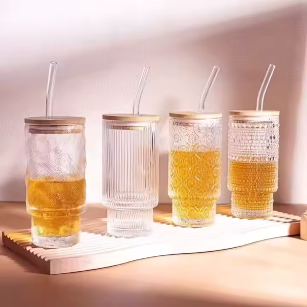 4 PCS Ribbed Drinking Glasses 12OZ Thickened Iced Coffee Cup for Cocktails Milkshakes Juice Smoothies