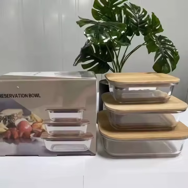 Wholesale Microwavable Borosilicate Glass Food Storage Container Lunch Box with Wooden Bamboo Lid