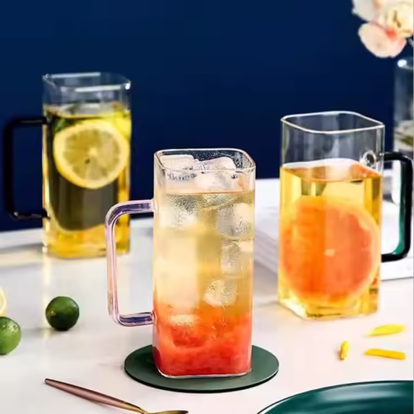400ml square Glass Mug with Colored Handle