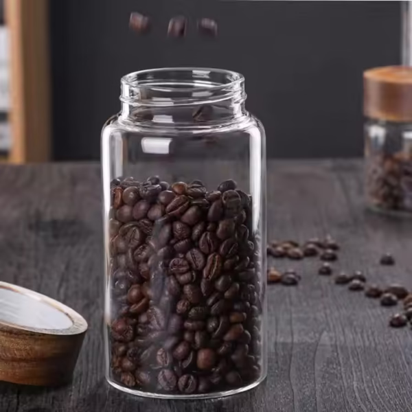 Small High Borosilicate Glass sealed Storage Jar with Acacia Wood Lid - Image 6