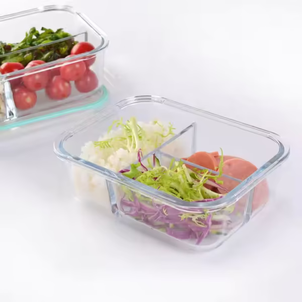 Borosilicate Glass Lunch Box with 3 Compartment, Rectangle Glass Food Container with Bamboo Lid