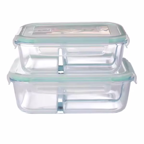 Borosilicate Glass Lunch Box with 3 Compartment, Rectangle Glass Food Container with Bamboo Lid - Image 2