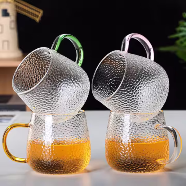 450ml Hammered Textured High Borosilicate Glass Cup with Colored Handle