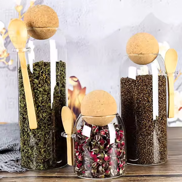 High Borosilicate Glass Tea Jar with Spherical Cork and Wooden Spoon