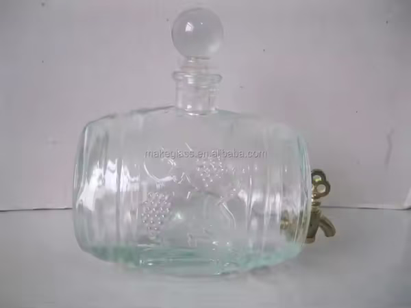 Drum Shaped Wine Glass Bottle / Waist Drum Shaped Glass Wine Jar with Tap