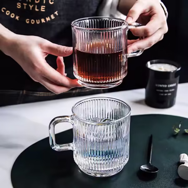 340ml Vertical Striped Thickened Soda Lime Glass Mug with Handle - Image 2