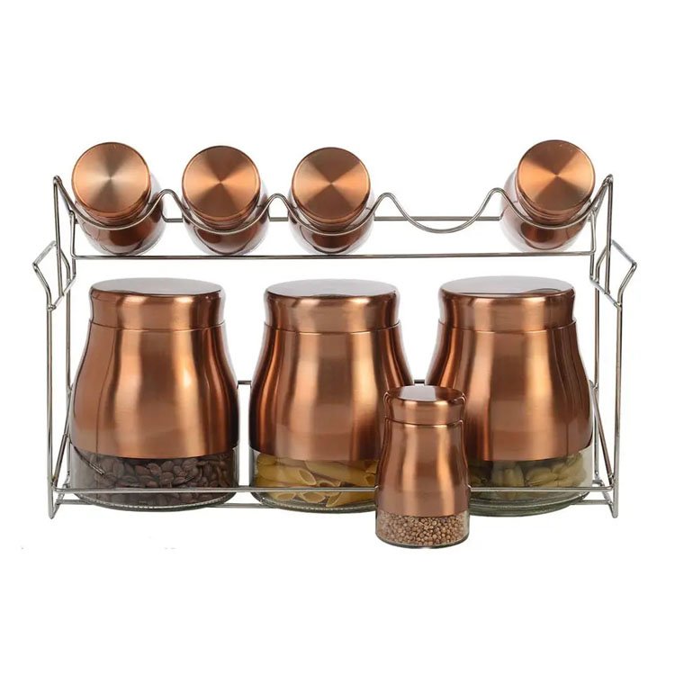 9 Piece Copper Color Stainless Steel And Glass Kitchen Counter Storage and Spice Jar Rack Set 1