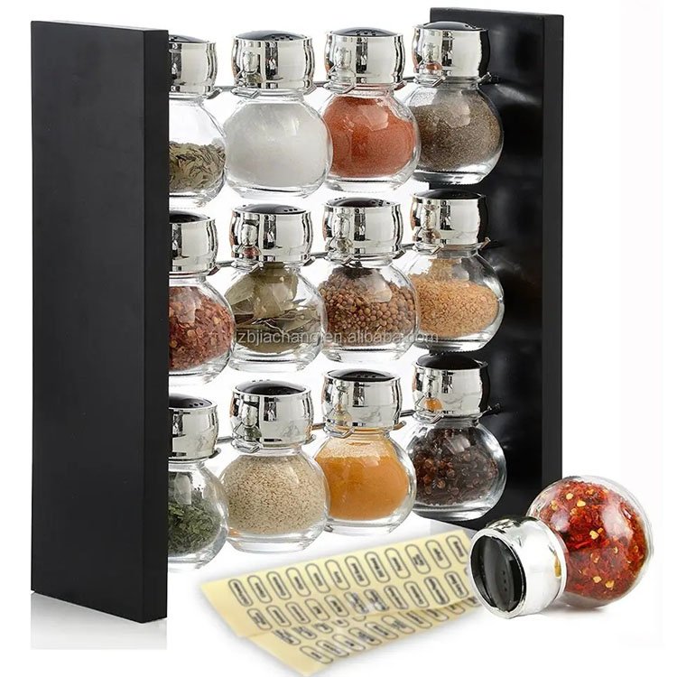 Wood Herb And Spice Rack Stand With 12 Clear Glass Jar Bottles - Modern & Stylish Kitchen Organizer 2