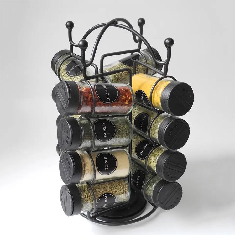 360 Revolving Black Metal Spice Rack Set with 16 Glass Spice Jars 2