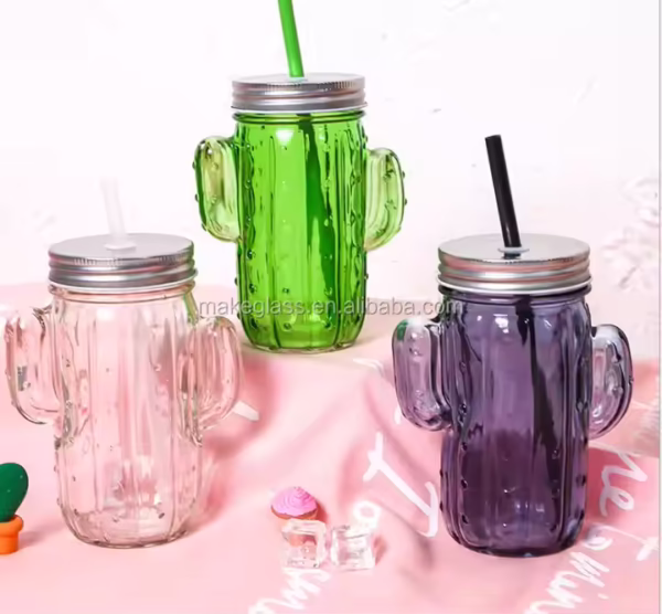 Customize 430ml Cactus Shaped Iced Juice Bottle 14oz Special Glass Mason Jar with Screw Top Lid - Image 4