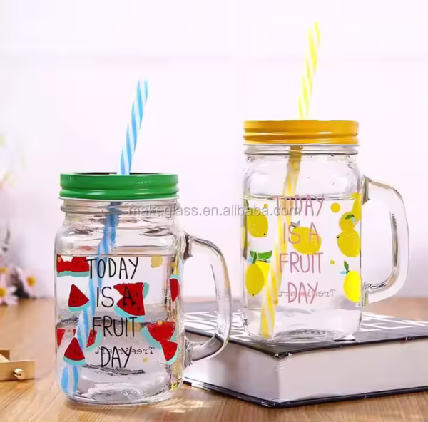 Fruit Juice Glass Mason Jar with Handle Mason Mug From Zibo Supplier