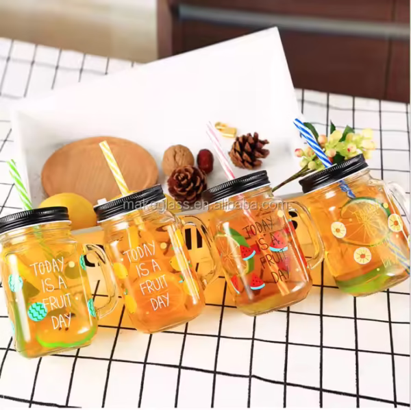 Fruit Juice Glass Mason Jar with Handle Mason Mug From Zibo Supplier - Image 3