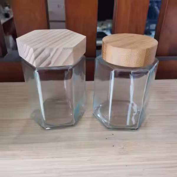 Hexagon Glass Honey Jar with Wooden Lid