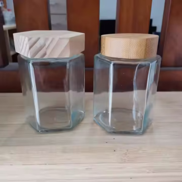 Hexagon Glass Honey Jar with Wooden Lid - Image 2