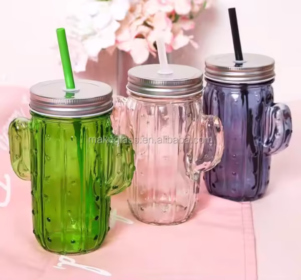 Customize 430ml Cactus Shaped Iced Juice Bottle 14oz Special Glass Mason Jar with Screw Top Lid