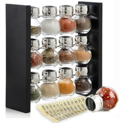 Wood Herb And Spice Rack Stand With 12 Clear Glass Jar Bottles - Modern & Stylish Kitchen Organizer 2